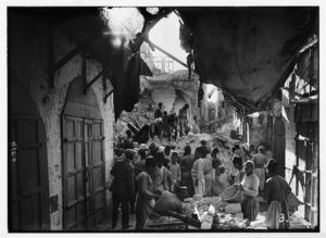 Palestine events. The earthquake of July 11, 1927. Blocked-up street in Nablus, choked by fallen houses which entombed many inhabitants