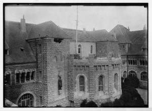 Palestine events. The earthquake of July 11, 1927. Damaged main building of Augusta Victoria Stiftung. Sections of masonry shaken down