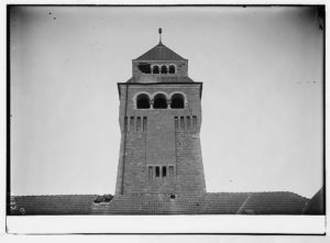 Palestine events. The earthquake of July 11, 1927. Damaged tower of Augusta Victoria Stiftung. On Olivet