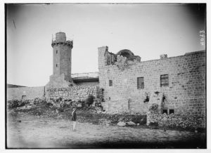 Palestine events. The earthquake of July 11, 1927. Partial collapse of mosque and minaret on Olivet