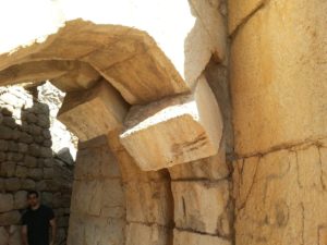 02072015-19 Western Gate - An inscription above the arch assigns the construction of the fortress to Ottoman, son of the great Sultan El-Malik El-Adel in the 627th year of the Hijra (1230). The tower above this gate was enlarged in 1275. A second floor was added and and the entrance was blocked. Several sections of the gate were destroyed by an earthquake, which also caused the dislodging of some of the arch stones. .   -Nimrod Fortress