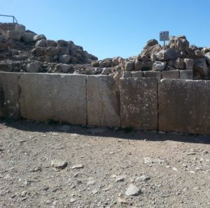 02072015-20 decorated inscription from the time of Sultan Baybars - In the inner section of the tower gate revealed the remains of an embellished inscription from the time of the Mameluk Sultan, Baybars, dating to 1275. The inscription, originally set at the top of the tower, was shattered during an earthquake which devastated the fortress. Most of the broken fragments were recently stored and are now displayed alongside the path.   -Nimrod Fortress