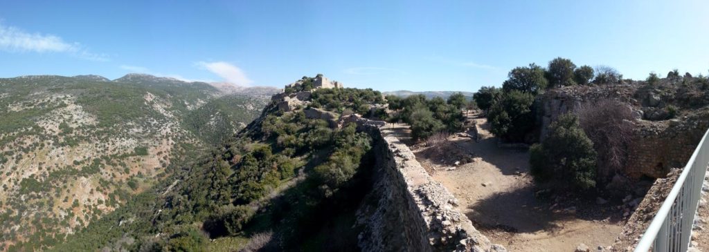 02072015-35 Looking east from the northern Tower to the Keep and Mount Hermon and Guvta Wadi. - Nimrod Fortress