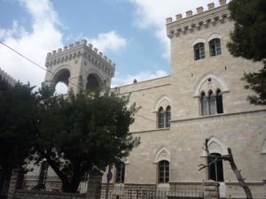 03192015-138 The South front of the Italian Hospital, a tower, windows and a balcony.