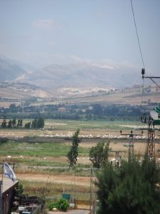 The Lebanon side of the border: Lebanon flag, Flag of Palestine and flag of Hezbollah