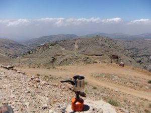 Making tea and top the Hermon, looking west to Israel and Lebanon. - family trip