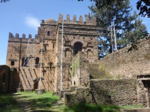 Eigth building - Iyasu's castle (Birhan Seghed Kuregna Iyasu Anditegie Mintiwab's) (ruled between 1730-1755) - from outside. It is now used as the site offices. - Fasil Ghebbi