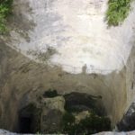 The pool from within. dug in two stages: the first is 11.8m in diameter and 10.8m in deep. The second continues 13 meter down into a water chamber, but is closed with rock.