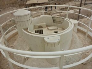 A bigger model of the Mountain palace. Today, the walls are covered slopped soil - Herodium