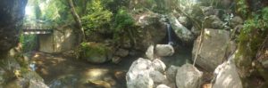 The waterfall, the stream and bridge