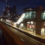 Ayalon transportation corridor: The Highway, the railway in the stream low in the concrete trench. Day and night from both sides of Tel-Aviv center train station.