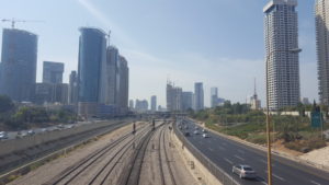 Ayalon transportation corridor: The Highway, the railway in the stream low in the trench on the left