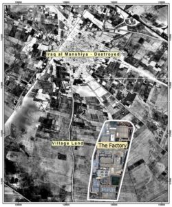 A map showing the location of the factory over the lands of Iraq al-Manshiyya (source: palestineremembered.com)