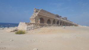 The aqueduct of Caesarea on the sea shore north of the city