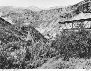 Railway bridge between Semakh and El Hamme in Palestine - 1917, which was destroyed by the Turks in their retreat, and later repaired by Canadian Bridging Company (Source: Australian war memorial)