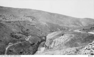 The railway line (left) and bridge over the Yarmuk River. c1918 (Source: Australian war memorial)