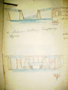 The bridge after the explosion and a proposed solution (Damage to Yarmuk Bridge No.2 - Km.93.400 H.R. Main Line on 16/17 June, 1946; Source: Mandate Railway engineering department 129/3227(2))