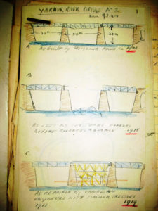 The built bridge, the explosion and the temporary supports on 1919 (Damage to Yarmuk Bridge No.2 - Km.93.400 H.R. Main Line on 16/17 June, 1946; Source: Mandate Railway engineering department 129/3227(2))