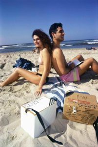 Teenagers with the gas masks box in the beach (looking on the address on it, they have lived couple of hundreds meters from were we live today ) (Source: IDF Archive) - Gulf War