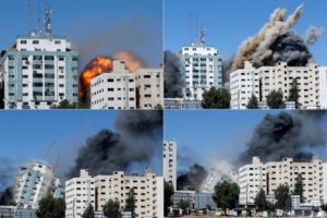 A combination picture shows al-Jalaa building as it collapses after being hit by Israeli missiles [Source:Mohammed Salem/Reuters]