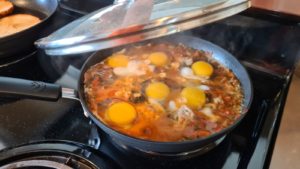 A Shakshouka, Israeli dish but our kids ate it first here in California.
