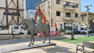 Statue of Meir Dizengoff (Tel Aviv mayor for 25 years) standing in front Independence Hall (which was Meir and Zina Dizengoff historic home)
