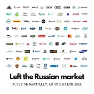 Left the Russia, fully or partly, as of 2 March 2022. Many other joined the sanctions since then. boycott