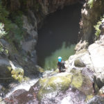 Rappelling down the third waterfall - 20m high with positive slope. On the bottom there is a 50m long pool