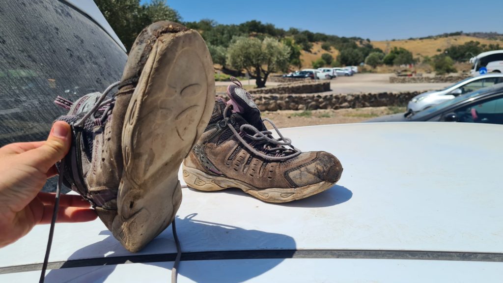 The line of torn apart shoes (we should have listen to the massage saying bring good shoes, not the kind you think to throw away...)