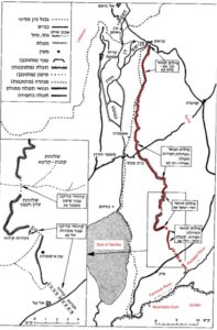 Golan Heights map and the diverting tunnel. You can see how it connect to the Ruqqad river East of the location of  dam (Source: Shemesh Moshe, The Arab fight over the water with Israel) 
