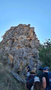 A rock hold by steel cables just above the trail - Nahal Me'arot