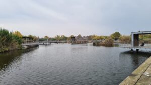The lake and one of the bird-watching sheds on the lake. - Hod-Hasharon Ecological Park