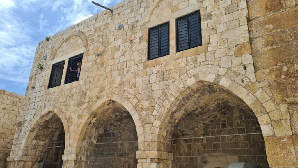 Retrofitting the castle: holding the bottom of the arches (by adding an element that can stand tension on the bottom of the arches) and holding the columns by adding confining steel hoops to hold the columns.