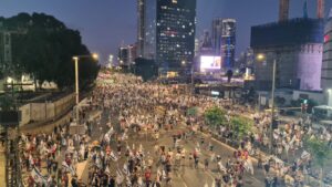 Saturday night protest in Tel Aviv- looking north from Azrieli bridge