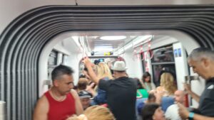 Tel-Aviv light train crowded with people (today the ride is free)