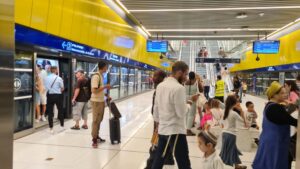 Sha'ul HaMelekh station. Each station ha a color to distinguish between, this is yellow as you can see - Tel Aviv light train,