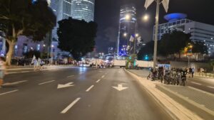 The trucks that blocks the road on the north side of the protests on Kaplan - Bagatz