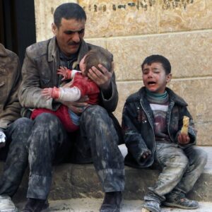 A family in ruins of Aleppo, Syria 2014. The pic is now published arguing it was taken in Gaza - right to exist