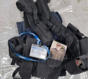 IDF forces have found a Hamas terrorist fighting vest with the idefication tag of UNRAWA (United Nations Relief and Works Agency for Palestine Refugees in the Near East) - Red Cross