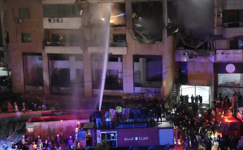 Firefighters extinguish the fire inside the apartment following the massive explosion on the southern suburb of Beirut (Source: apnews.com)