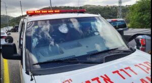 A Magen David Adom ambulance which got hit from the sniper shots (Source: www.haaretz.co.il)