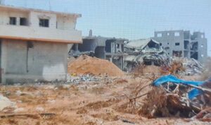 Different angle on the building and the place where the mortar shell had landed