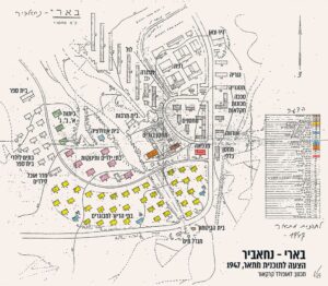 A proposal for the settlement plan from 1947. The security building and the water tower are at the bottom of the picture (Source: wikibbutz.beeri.org.il)