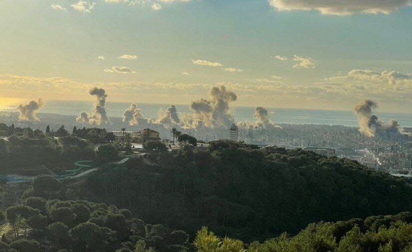 Beirut southern suburb, and the home to Hezbollah supporters, the Dahieh under airstrike attack today (Source: Abualiexpress Telegram channel) cease-fire