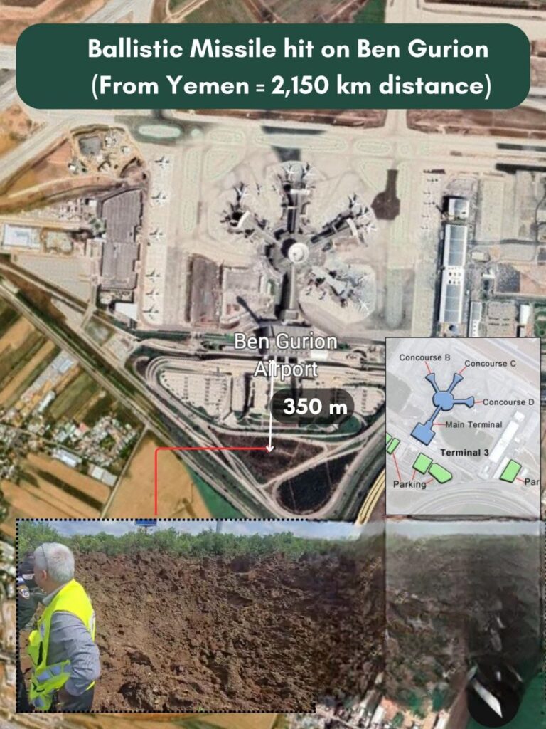 An Illustration showing the distance of the hit from Ben Gurion Airport terminal and the carter the missile created in the empty field