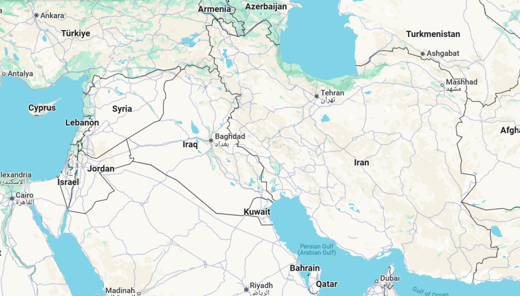Israel, Iran and the countries between: Jordan, Syria and Iraq (Source: Google maps) 12 days of war within war - 628th day of War
