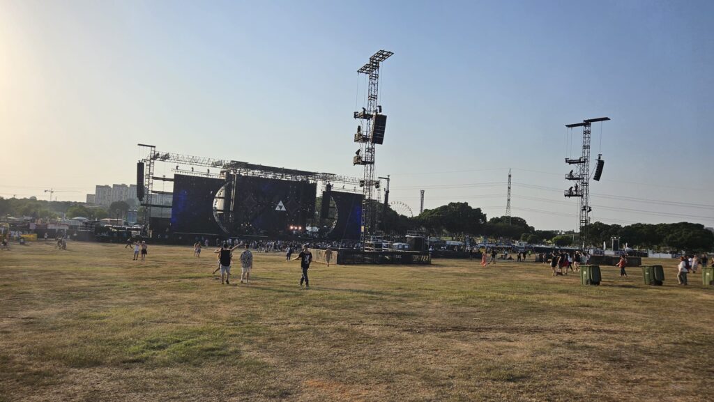 The stage, delay towers and empty place ready for the concert
