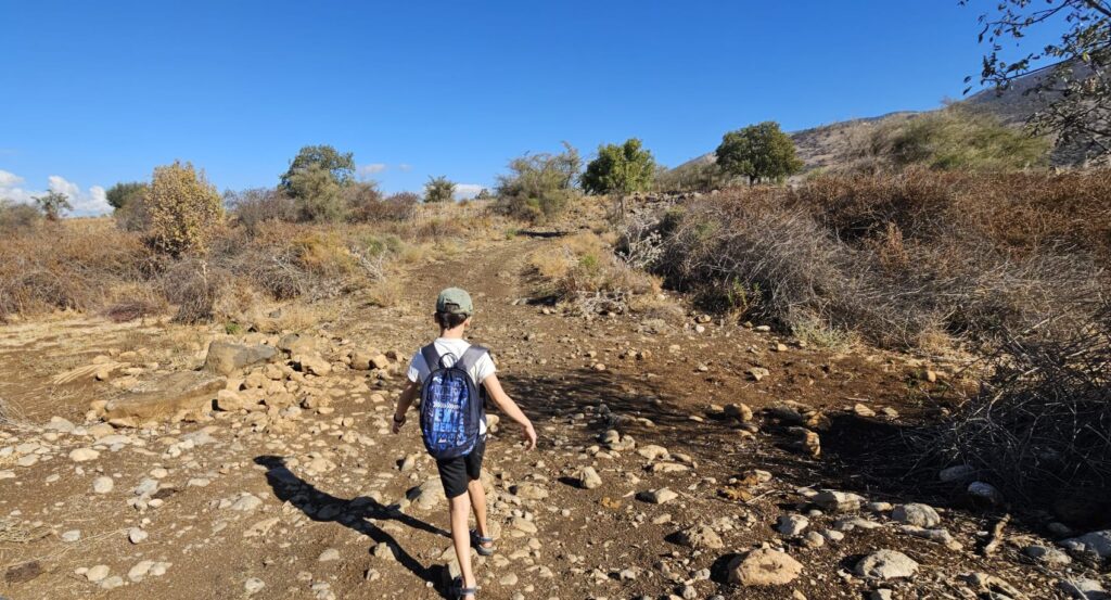 Going over one of the dry streams that cross the area
