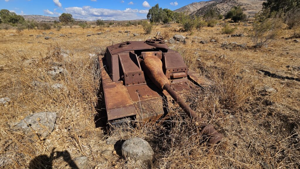 This a StuG III assault gun in a ditch hiding it from south, where the Israelis forces have been located.- StuG III with its boar's head