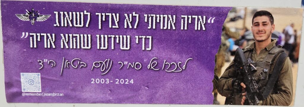 אריה אמיתי לא צריך לשאוג כדי שידעו שהוא אריה לזכרו של סמ"ר נועם ביטאן הי"ד 2003-2024 A true lion doesn’t need to roar for others to know he’s a lion In memory of Sgt. First Class Noam Bitan, may God avenge his blood 2003–2024